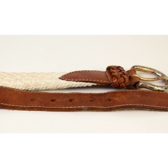 Eddie Bauer BROWN REAL LEATHER 1 1/8"Wd WOVEN WHITE CORD WOMEN'S BELT S/M (A47 - Picture 8 of 9